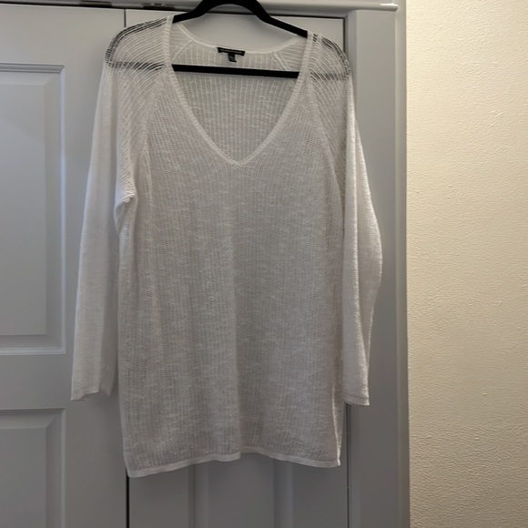 EILEEN FISHER V NECK WHITE ORGANIC COTTON MESH L/S TOP TUNIC LARGE NUBBLE - Picture 4 of 4